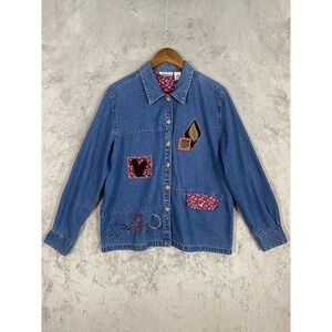 Vintage Denim Shirt Sz L Blue Squirrel Acorn Patchwork Fall Embroidered Nature